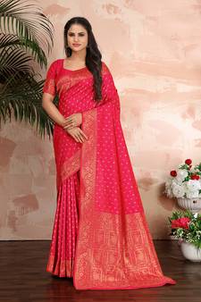   Rani Pink Woven Silk Blend Saree With Blouse