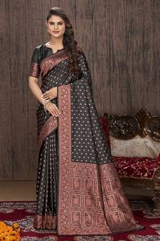 Black Woven Silk Blend Saree With Blouse