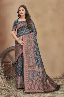 Grey Woven Satin Saree With Blouse