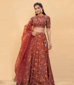 Red High Neck Embroidered Choli With Lehenga Dupatta Set