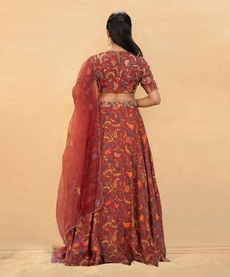 Red High Neck Embroidered Choli With Lehenga Dupatta Set