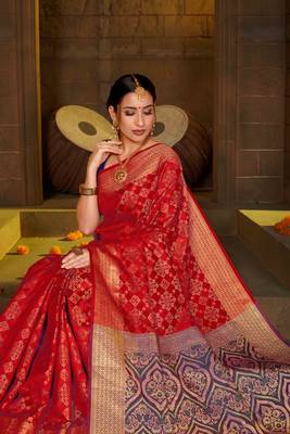 Red Woven Art Silk Saree With Blouse 3