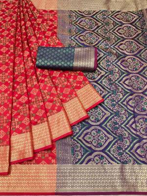 Red Woven Art Silk Saree With Blouse 4