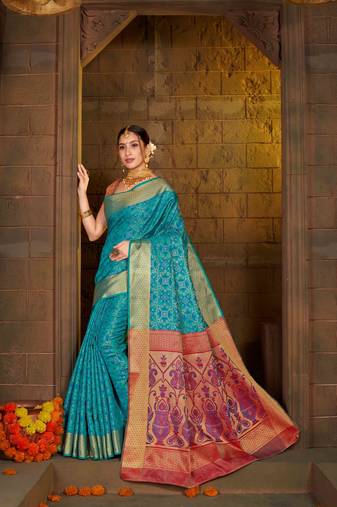 Turquoise Woven Art Silk Saree With Blouse