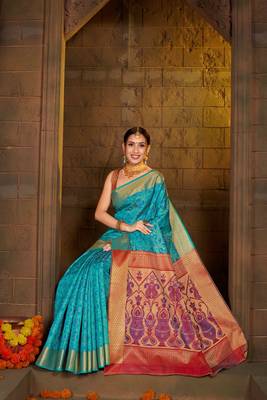 Turquoise Woven Art Silk Saree With Blouse 2