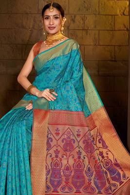 Turquoise Woven Art Silk Saree With Blouse 3