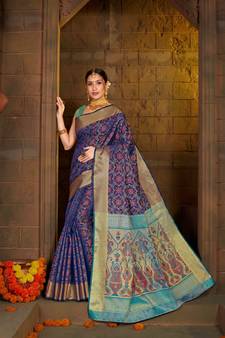 Navy Blue Woven Art Silk Saree With Blouse
