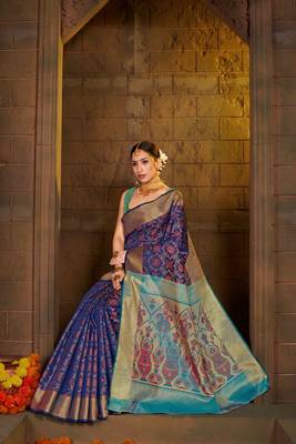 Navy Blue Woven Art Silk Saree With Blouse 2