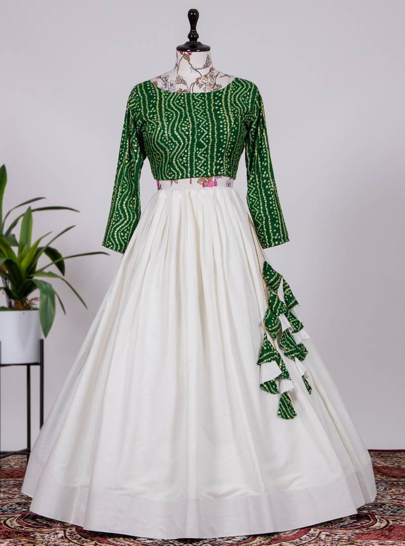 White colour pure cotton with plain lehenga with unstitched blouse