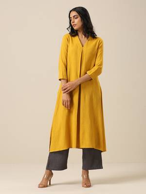 Mustard Yellow Slub Texture Neck Pleat Kurta Pant Set 1