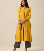 Mustard Yellow Slub Texture Neck Pleat Kurta Pant Set