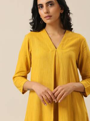 Mustard Yellow Slub Texture Neck Pleat Kurta Pant Set 5