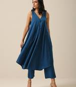 Classic Blue Slub Texture Sleeveless Flared Kurta Pant Set