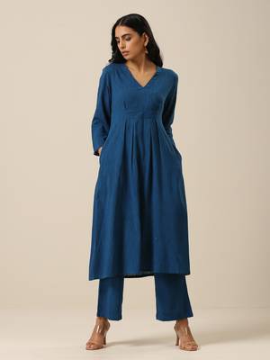 Classic Blue Slub Texture Overlap Pleat Kurta Pant Set 1