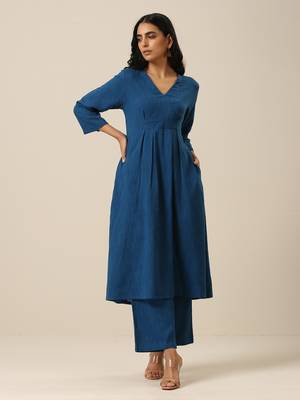 Classic Blue Slub Texture Overlap Pleat Kurta Pant Set 2