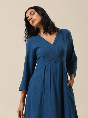 Classic Blue Slub Texture Overlap Pleat Kurta Pant Set 4