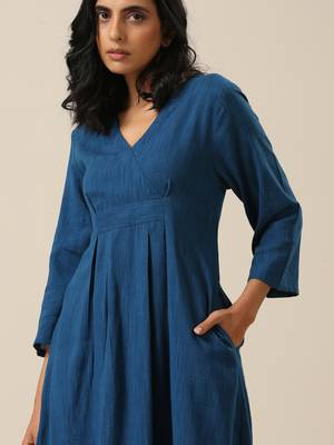 Classic Blue Slub Texture Overlap Pleat Kurta Pant Set 5