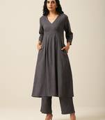 Slate Grey Slub Texture Overlap Pleat Kurta Pant Set