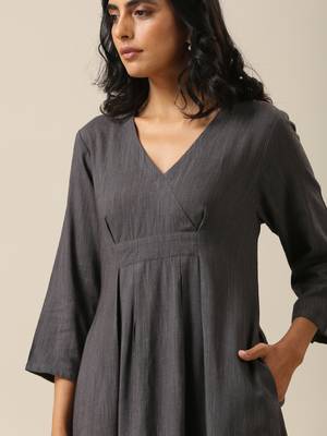 Slate Grey Slub Texture Overlap Pleat Kurta Pant Set 5