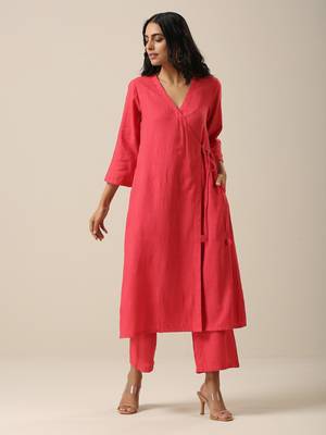 Bright Pink Slub Texture Angrakha Pant Set 1