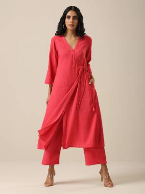 Bright Pink Slub Texture Angrakha Pant Set 2