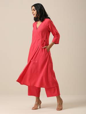Bright Pink Slub Texture Angrakha Pant Set 3