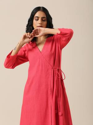 Bright Pink Slub Texture Angrakha Pant Set 4