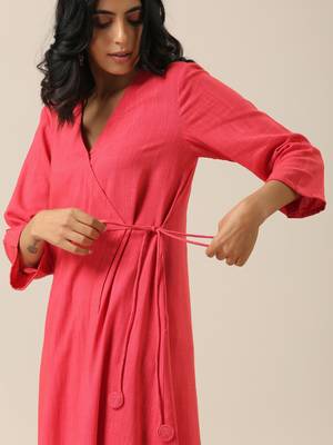 Bright Pink Slub Texture Angrakha Pant Set 5
