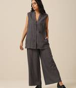Slate Grey Slub Texture Sleevesless Jacket Pant Set