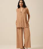 Beige Slub Texture Sleevesless Jacket Pant Set