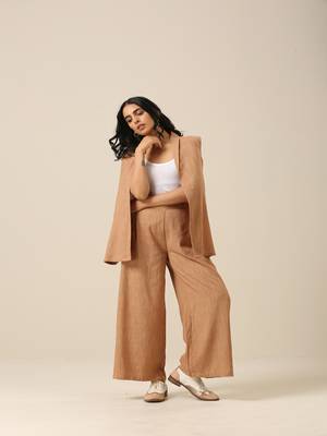 Beige Slub Texture Sleevesless Jacket Pant Set 3