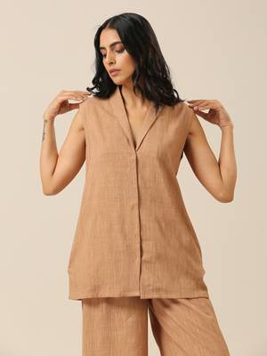 Beige Slub Texture Sleevesless Jacket Pant Set 4