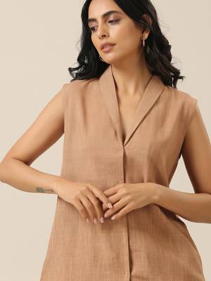Beige Slub Texture Sleevesless Jacket Pant Set 5