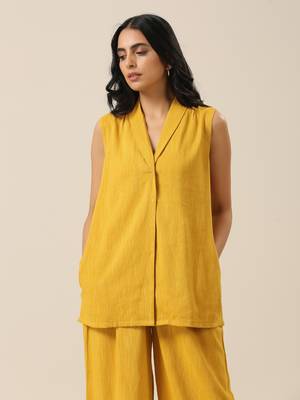 Mustard Yellow Slub Texture Sleevesless Jacket Pant Set 4