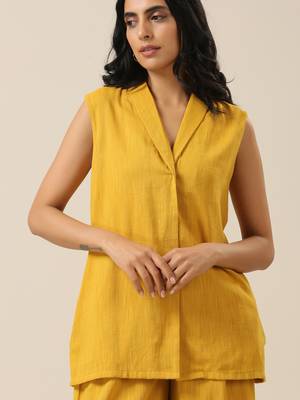 Mustard Yellow Slub Texture Sleevesless Jacket Pant Set 5