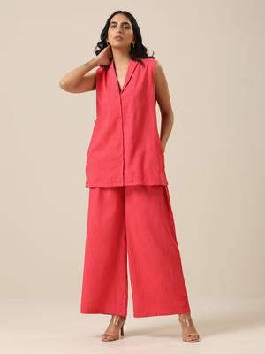 Bright Pink Slub Texture Sleevesless Jacket Pant Set 1