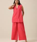 Bright Pink Slub Texture Sleevesless Jacket Pant Set