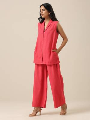 Bright Pink Slub Texture Sleevesless Jacket Pant Set 2