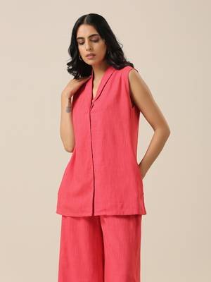 Bright Pink Slub Texture Sleevesless Jacket Pant Set 3