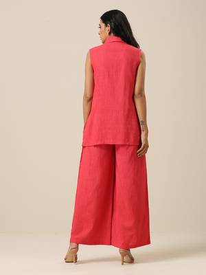 Bright Pink Slub Texture Sleevesless Jacket Pant Set 5