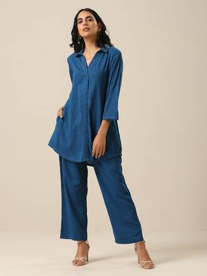 Classic Blue Slub Texture Collar Short Co-Ord Set 1