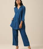 Classic Blue Slub Texture Collar Short Co-Ord Set