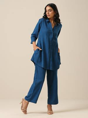 Classic Blue Slub Texture Collar Short Co-Ord Set 2