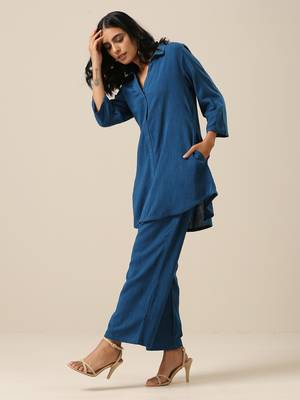 Classic Blue Slub Texture Collar Short Co-Ord Set 3