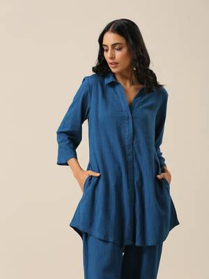 Classic Blue Slub Texture Collar Short Co-Ord Set 4