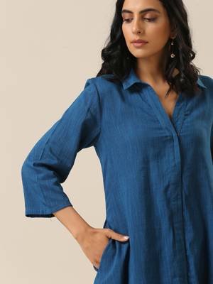 Classic Blue Slub Texture Collar Short Co-Ord Set 5