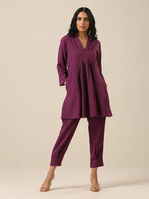 Plum Purple Slub Texture Pleated Co-Ord Set 1
