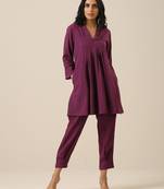 Plum Purple Slub Texture Pleated Co-Ord Set