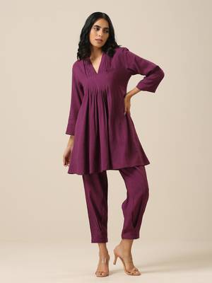 Plum Purple Slub Texture Pleated Co-Ord Set 2