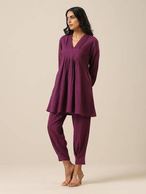 Plum Purple Slub Texture Pleated Co-Ord Set 3